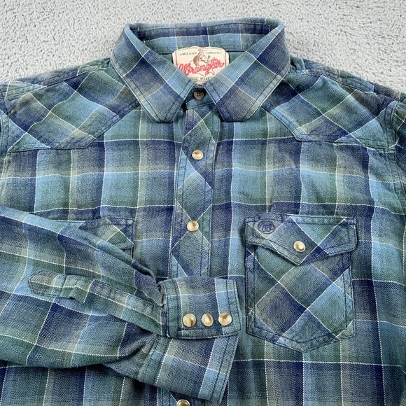 Wrangler Other - Wrangler Shirt Mens Medium Blue Green Plaid Western Pearl Snap Long Sleeve